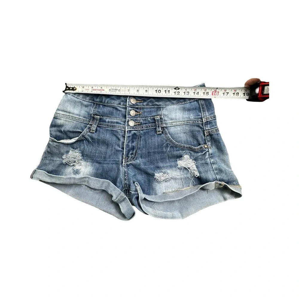Almost Famous Denim Shorts Women 7 Blue High Waisted Distressed Cuffed Jean